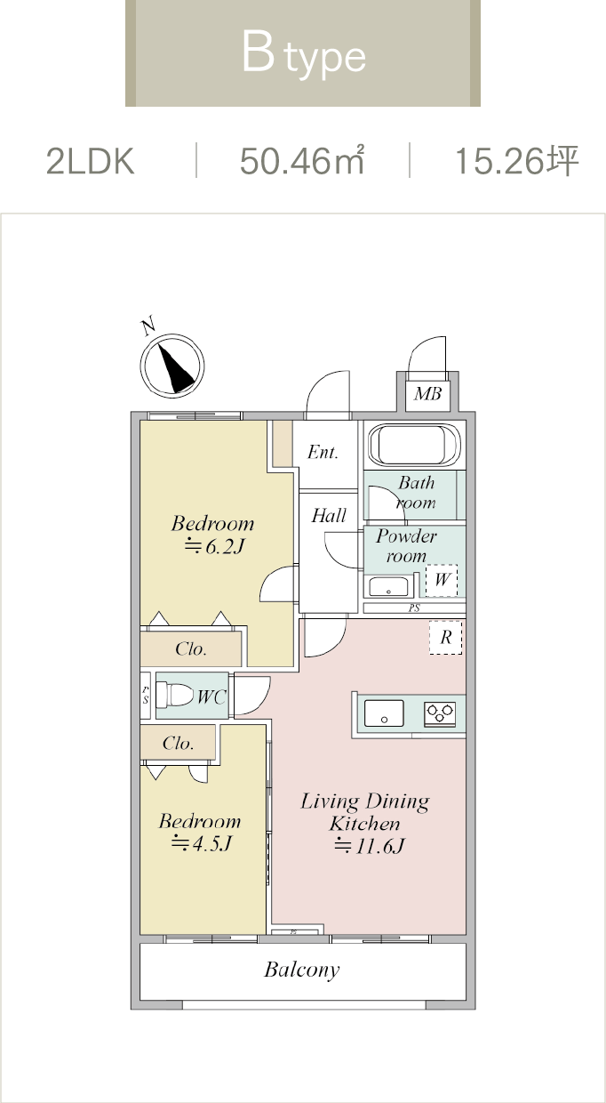 MOCXION KAWA Bタイプ 2LDK 間取り図（50.46㎡）