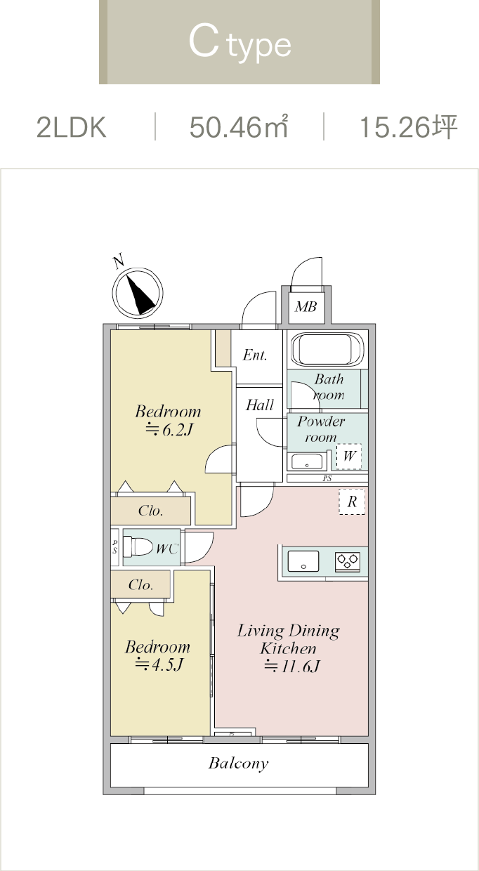 MOCXION KAWA Cタイプ 2LDK 間取り図（50.46㎡）