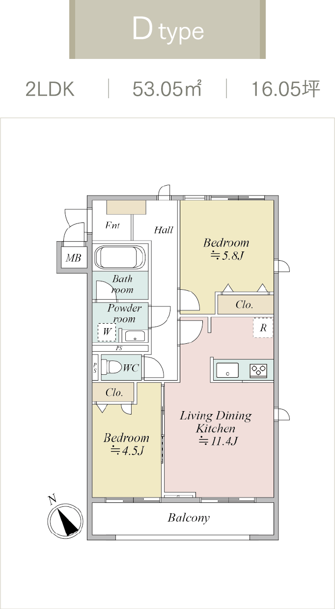 MOCXION KAWA Dタイプ 2LDK 間取り図（53.05㎡）