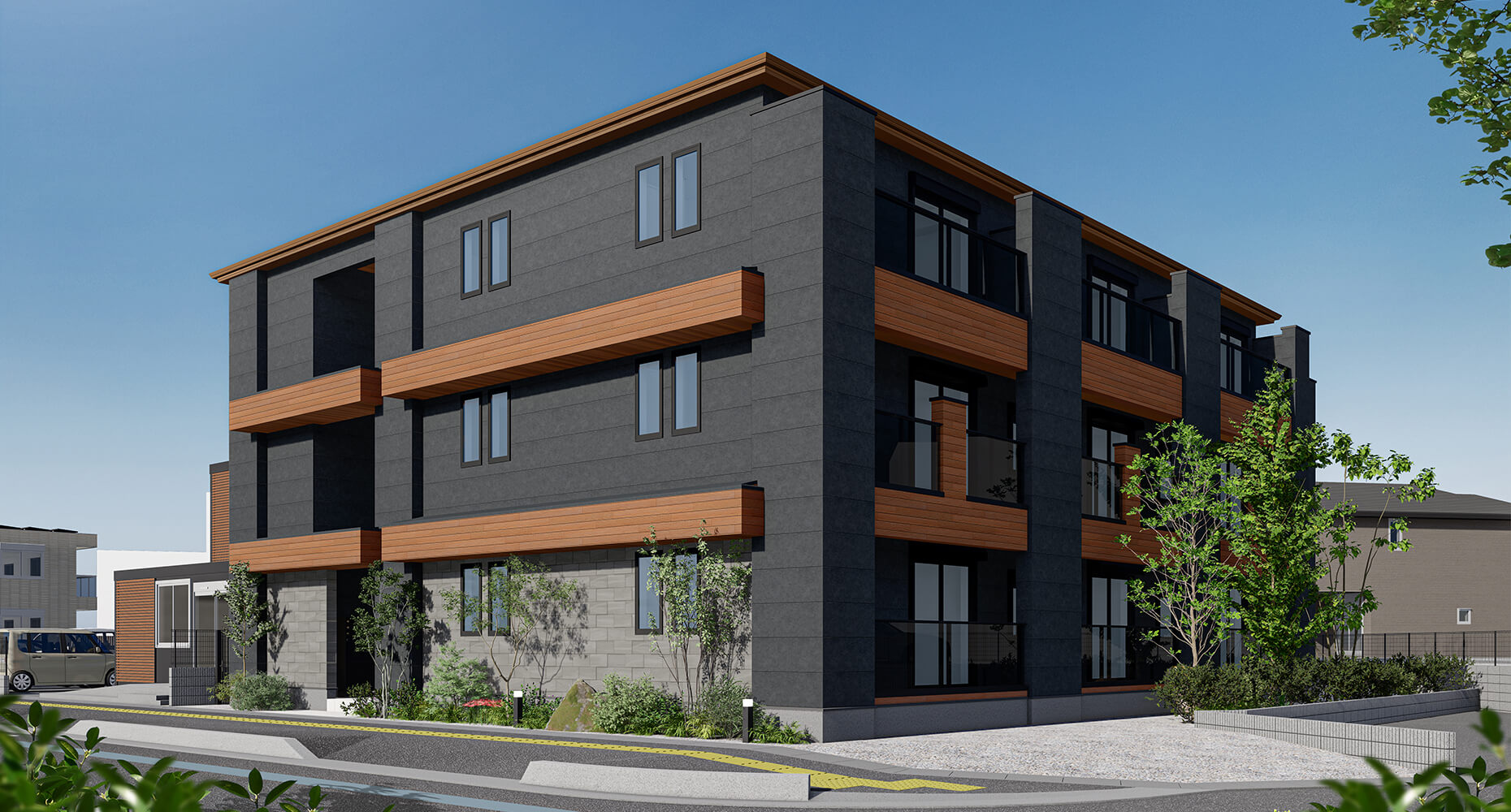 MOCXION KAWA 外観（上尾市の新築木造賃貸マンション・全戸2LDK）